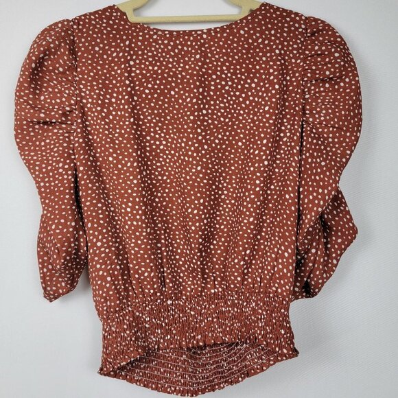 Paper Crane Brown Polka Dot Blouse Women's M Smocked Waist Ruched Sleeve Keyhole - Picture 1 of 5